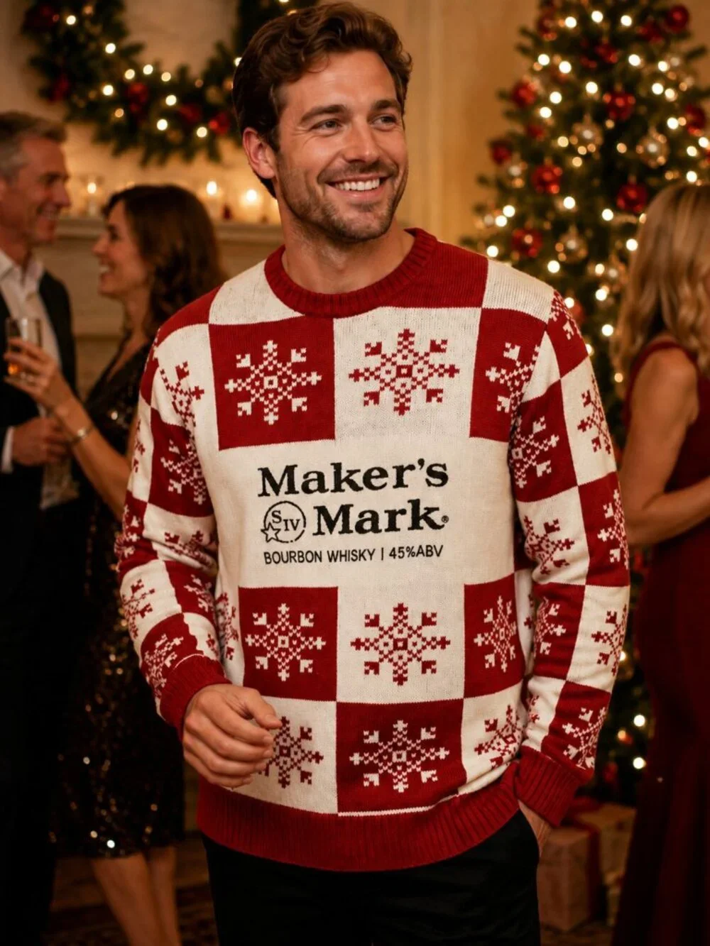 Beam Suntory Maker's Mark Red White Check Long Sleeve Ugly Holiday Sweater XL
